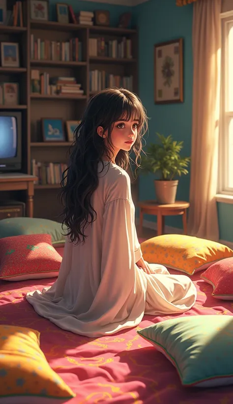 a beautiful anime girl wearing shalawar kameez traditional style and chutiya of hair sitting on mattres different clrs pillow are present everywhere , tv , little table reading the books a wide range room in old style pen and books on shelf of her back sid...