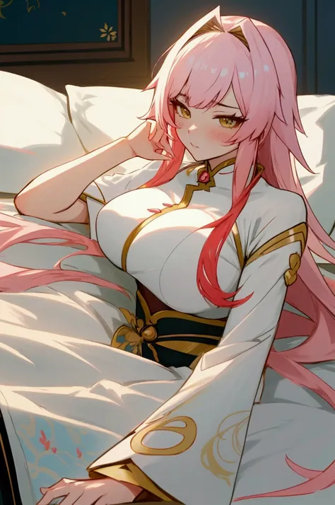 Anime lying in bed, Fascinating anime, Highly detailed art gems, Beautiful and attractive anime woman, Anime Goddess, tits, Trending on cgstation, Detailed anime artwork, 8K high quality, detailed art, Ayaka Genshin Impact, Beautiful and attractive anime t...