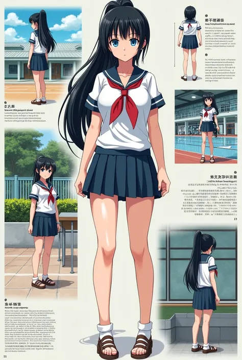 Akira is a beautiful tall, curvy young woman with large chest. She has long black hair in a ponytail that reaches her backside, square bangs and light blue irises.

She wears her school uniforms which are a short-sleeved white blouse a red bow-tie, a match...