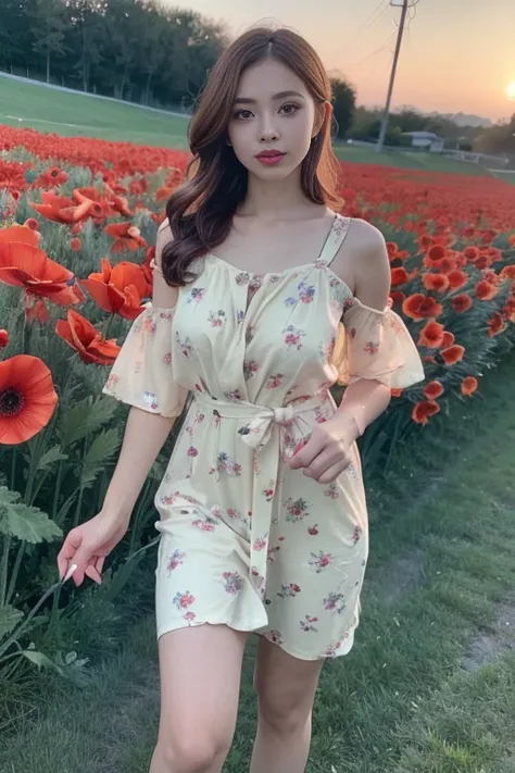 (best quality,4k,8k,highres,masterpiece:1.2),ultra-detailed,(best quality,realistic:1.2),lovely woman,field of poppy flowers,sheer yellow floral print summer dress,sunset,play,joy,beauty,harmony,portrait,soft lighting,vibrant colors, HDR, 8k, absurdres, ci...