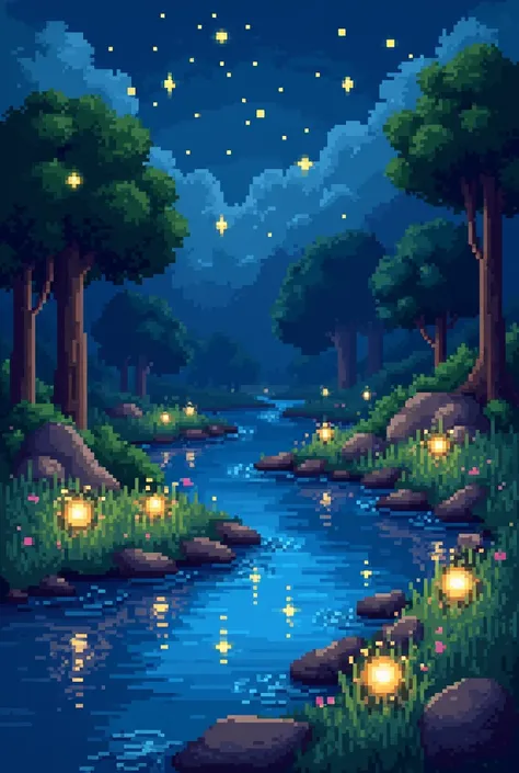 A pixel carton river, a small lake, with some small rocks and grass, at night, many fireflies insect, flowers, quitet, in the forest 