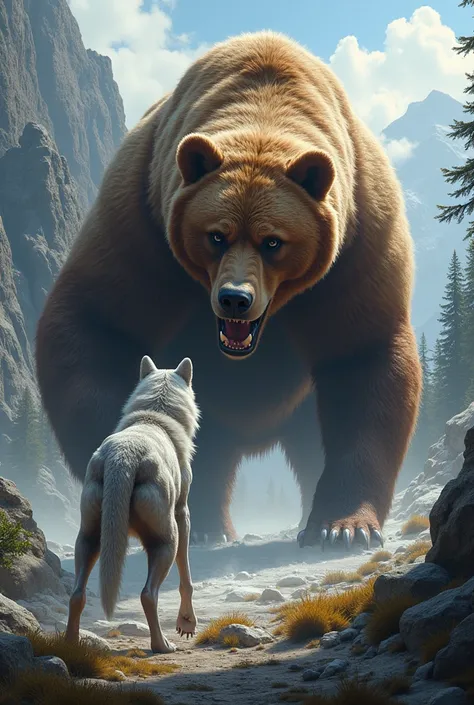 A silver dog confronts a giant brown bear