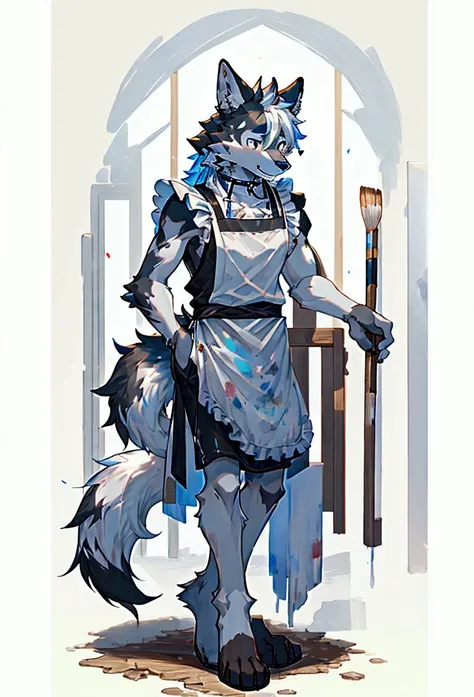 black fur with white patterns　wolf　a painter&#39;s apron stained with paint of various colors　expressionless　have a paintbrush　y...