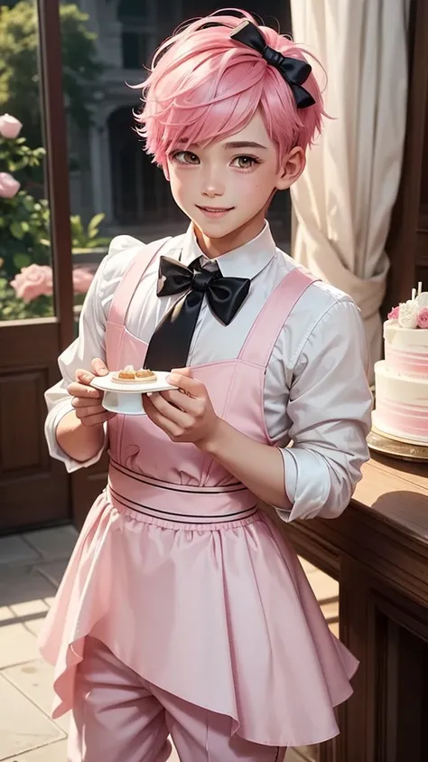 1 young boy,pink hair,short hair,Swipe left,Tie a big black bow on your head.,red eyes,bright atmosphere,lucrative,smile,cute,cake,White Rose Garden,pink dress,Pink pants