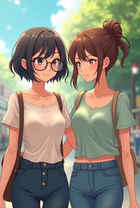 Anime short haired girl with glasses next to a brunette girl with her hair up walking together