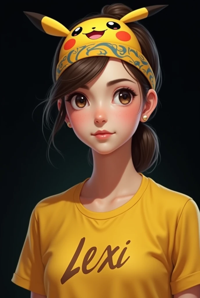 Make a realistic image of matured teenager with pokemon headband and wearing yellow shirt with name Lexi and black background 