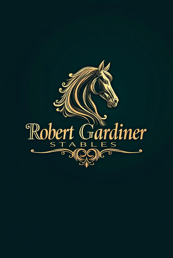 Design a luxurious logo for "Robert Gardiner Stables" featuring an ornate and detailed horse silhouette or head. Use an elegant, sophisticated serif or script font with decorative flourishes for the text. Incorporate rich metallic accents like gold or bron...