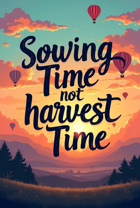 Create a lettering image with the phrase: "Sowing Time, Not Harvest Time" with a vintage style. With a fuchsia color combination, turquoise, orange and purple gradient. The edge of the letters should be with very thin black lines and white highlights.. In ...