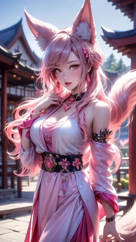 an oriental girl,Pink double ponytail long hair,Fox ears,bell headdress,Big breasts,Wearing Japanese Kimono,Chest bell jewelry,little foot bell jewelry,in front of buddhist temple,runner,4K