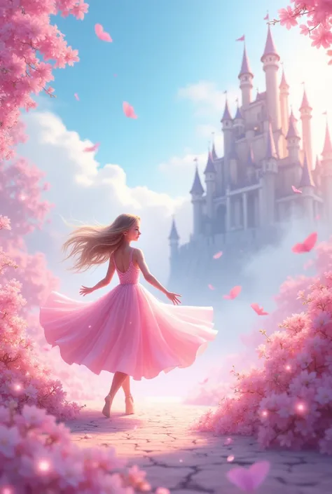 The dancing princess is in the upper left corner of the picture. The castle is in the upper right corner. The middle and bottom of the picture are all pink and white.