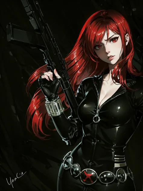 The image features a girl known as Black Widow with red, shoulder-length hair, and dressed in a sleek skin-tight shiny black latex bodysuit with a deep-cut zipper neckline revealing a large chest, the silver zipper running down the front. The suit is compl...