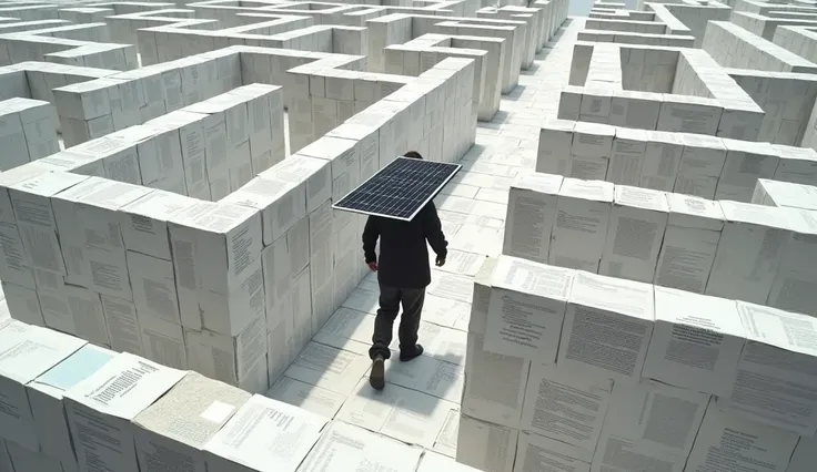 (Isometric), Un labyrinthe avec des murs très hauts, faits de formulaires CONSUEL et de documents ENEDIS. Linstallateur, portant un panneau solaire qui dépasse de son dos, essaie de naviguer à lintérieur de ce labyrinthe