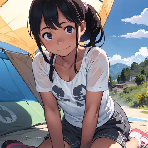 Mountains in the distance々、(campsite、camping)、Summer sun、(12yo、２People Girl)、Big Eyes、Healthy girl、Strong sunlight、Summer sun、cumulonimbus、Blue sky、(Cute smile)、Slender、small breast、cleavage、cute and beauty girl、Clear skin、(T-Shirt, shorts)、Her belly butto...