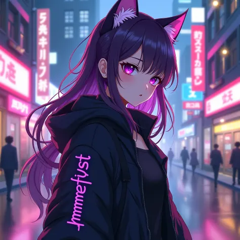 anime girl with long hair, wearing black aesthetic jacket outfit with cat ears and with a purple text "amethyst" on hes left part of her clothes, in citylights background