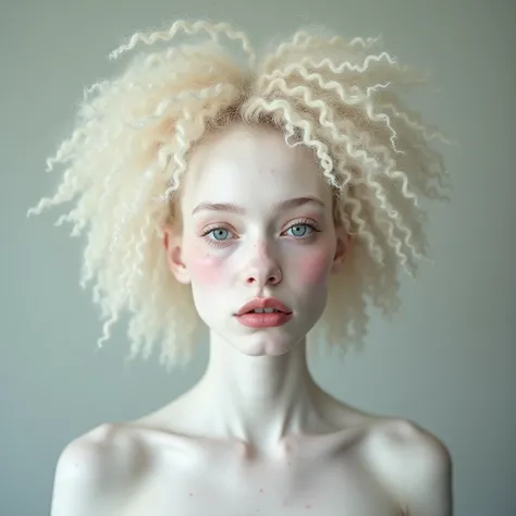 Lightskined African woman ( albinos, 21yo, dimples on cheeks, Instagram model, petite) with white pale skin and frizzy hair posing for a picture, inspired by Martin Schoeller, - pale skin!, white skin tone, with a white complexion, pale beautiful skin, lig...