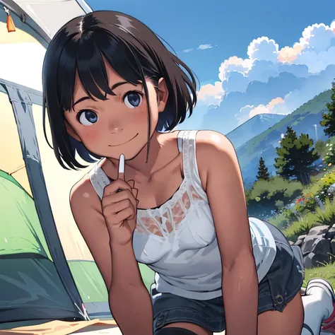 Mountains in the distance々、(campsite、camping)、Summer sun、(12yo、２People Girl)、Big Eyes、Healthy girl、Strong sunlight、Summer sun、cumulonimbus、Blue sky、(Cute smile)、Slender、small breast、cleavage、cute and beauty girl、Clear skin、(Tank top and mini skirt)、Her bel...