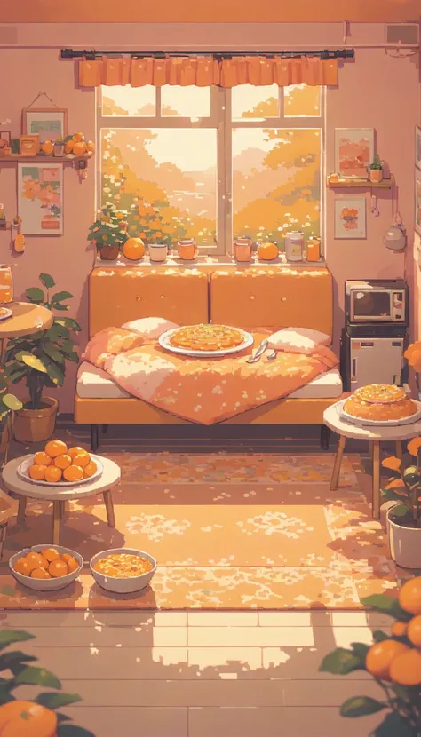 lofi pixel, No people ,Cozy,Orange Pink ,food