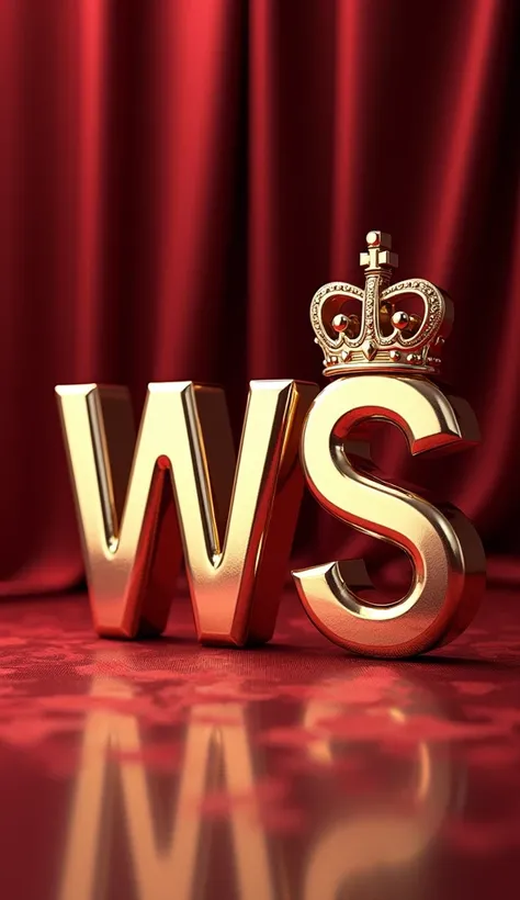 3D writing logo "ws" in glossy platinum colored glass. There is small text "PUSHLIKE FAMILY" with gold 3D font.high quality luxury crown star logo and details.luxury red carpet party HD photography background 