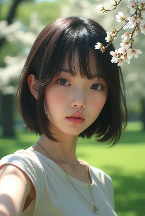 Park 1 Japanese girl with bob hairstyle selfie photo with only upper body visible