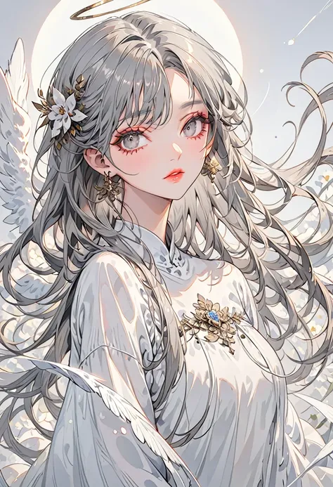 (Highest quality,Very detailed,High resolution:1.2),A beautiful girl in the form of an angel，Gray Hair,Gray Hairの前髪，Dilated grey eyes，very_Long eyelashes, Detailed lips, Cool look, Soft Skin, ,Exquisite makeup,