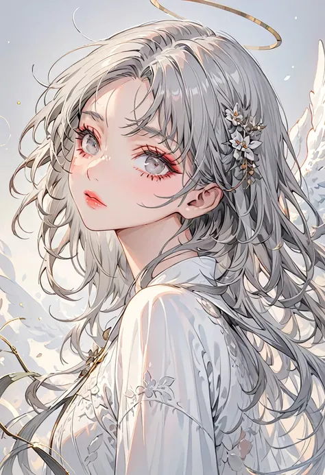 (Highest quality,Very detailed,High resolution:1.2),A beautiful girl in the form of an angel，Gray Hair,Gray Hairの前髪，Dilated grey eyes，very_Long eyelashes, Detailed lips, Cool look, Soft Skin, ,Exquisite makeup,