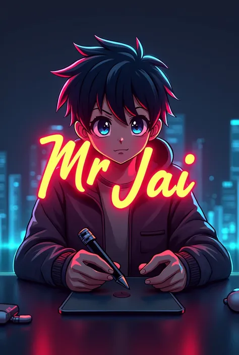 This is a YouTube logo that features the name "MR Jai" in a futuristic font and a neon Golden colour. and Boy Anime avtar, The logo also has a stylized pen icon. The logo designed to be attractive and eye-catching, and to appeal to gaming enthusiasts and Y...