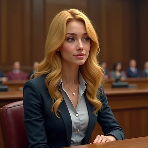 full blonde 30-year-old girl sitting in court.