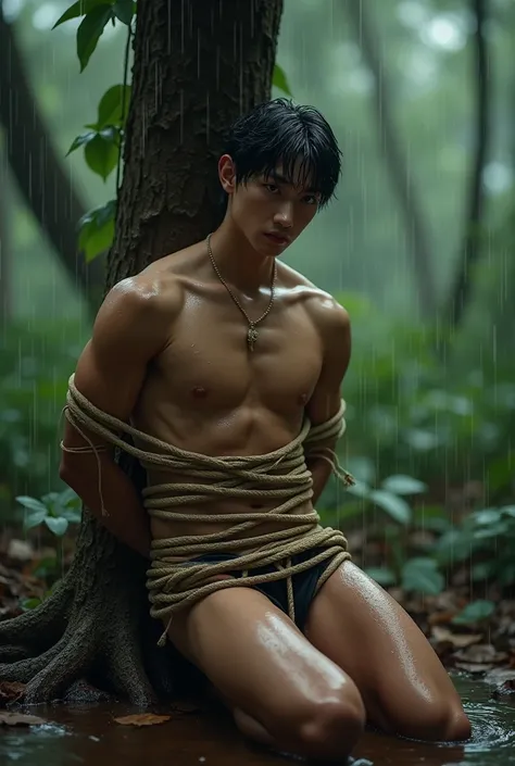 (((muscular,shirtless guy))), (((young, slim, muscular, fit, boy))), (((ripped sixpack))), ((((Trussed up completely with rope)))), ((((ropes crossed over chest)))), (((body trussed up in tight fitting shibari ropes))), (((beautiful boy))), (((beautiful fa...