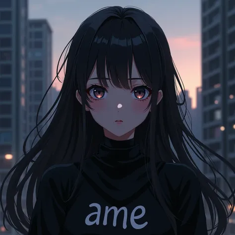 girl anime with long hair wearing black aesthetic outfit with a text "Ame" on her clothes, with city background