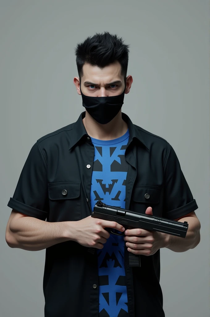  The image displays a 3D model of a male character with black hair and blue eyes, wearing a black shirt with a blue design on it. The character has a serious expression. Black mask. Light blue t shirt. With a. Gun 