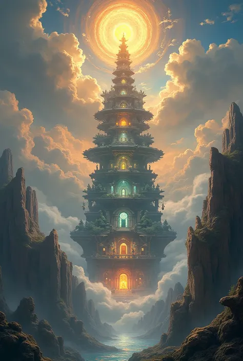 a vast, awe-inspiring landscape with seven majestic celestial realms stacked one above another, each realm with its own distinct architecture, glowing celestial bodies, floating islands, angelic figures, warm lighting, dramatic clouds, intricate details, m...