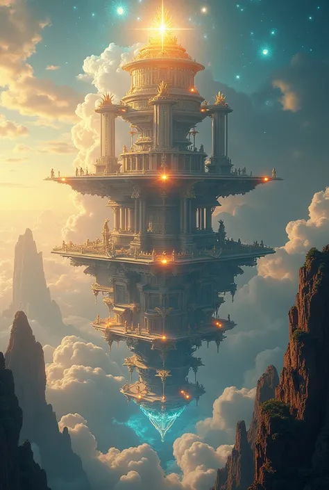 a vast, awe-inspiring landscape with seven majestic celestial realms stacked one above another, each realm with its own distinct architecture, glowing celestial bodies, floating islands, angelic figures, warm lighting, dramatic clouds, intricate details, m...