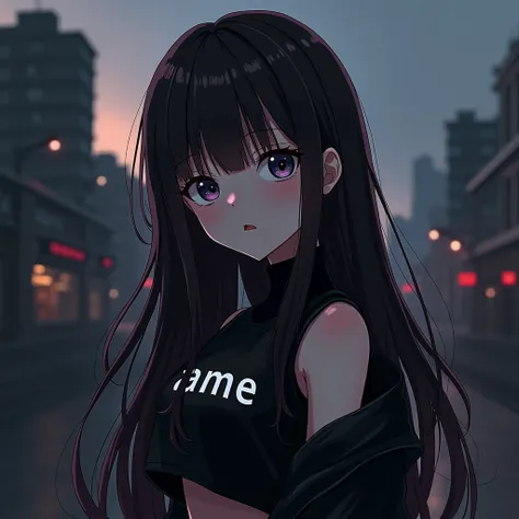 girl anime with long hair wearing black aesthetic outfit with a text "Ame" on her clothes, with city background