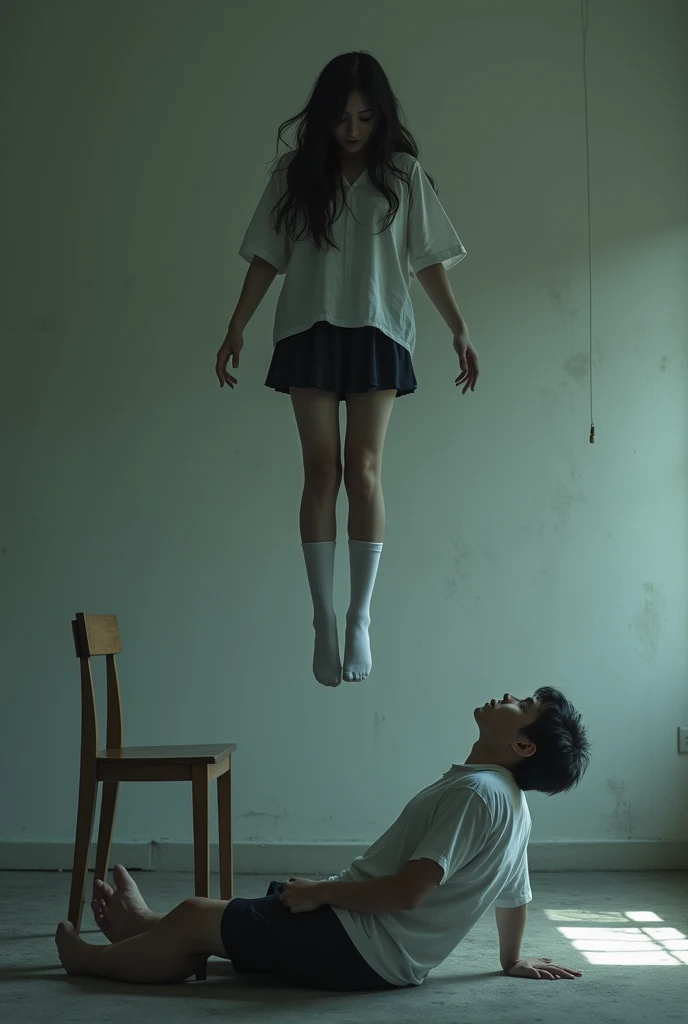 Scene of female student wearing white thigh high socks hanging to death ,hovering in the air , a man sitting on the ground in panic with a chair on the ground 