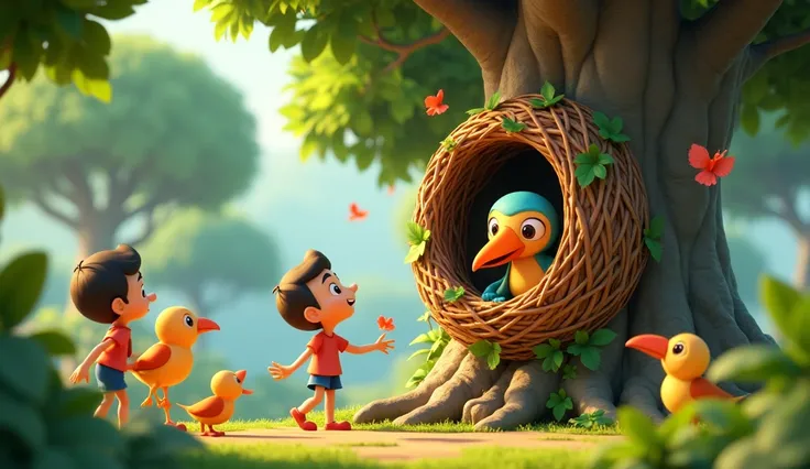 Create an animated cartoon image for alphabet N and an talking bird nest at tree and children playing with birds with animation 3D