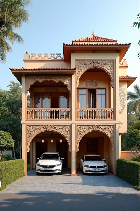 I need Indian style home elevation with ground+1 floor balcony type car parking included glass partition at the elevation staircases at loft  ai video 