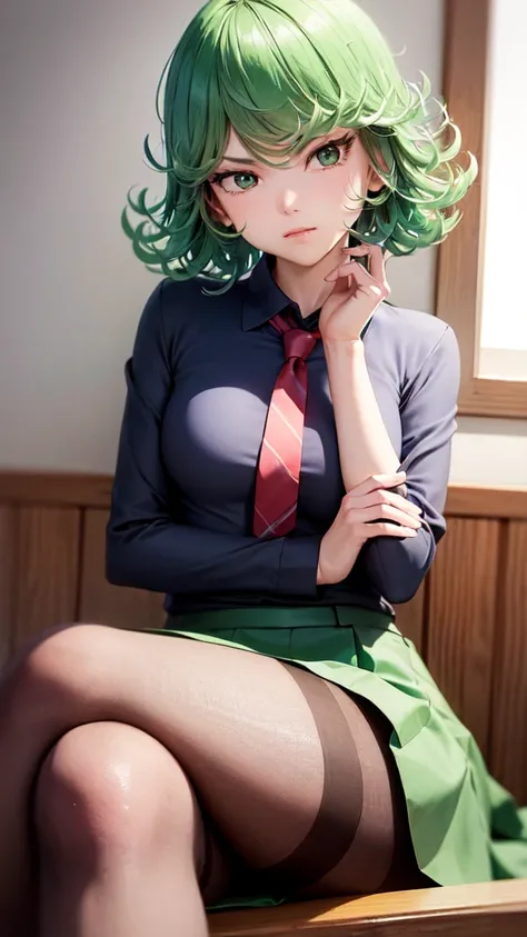 (masterpiece, best quality:1.2), solo, 1girl, tatsumaki, unamused, closed mouth, looking at viewer, hand on own face, sitting, crossed legs, collared shirt, necktie, skirt, pantyhose