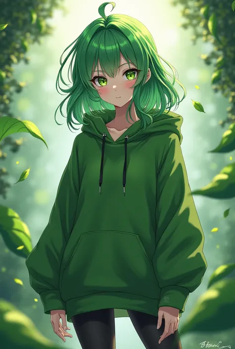 Anime sexy girl green hoodie sorcerer of plant  white sneakers  black tights