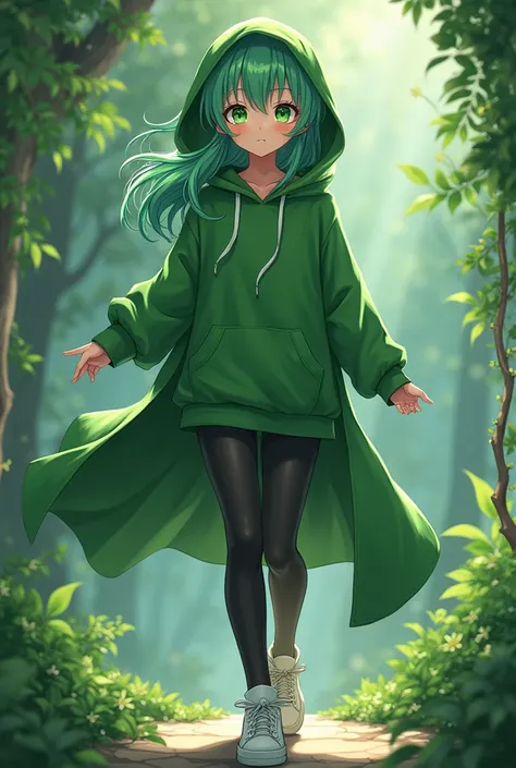 Anime sexy girl green hoodie sorcerer of plant  white sneakers  black tights