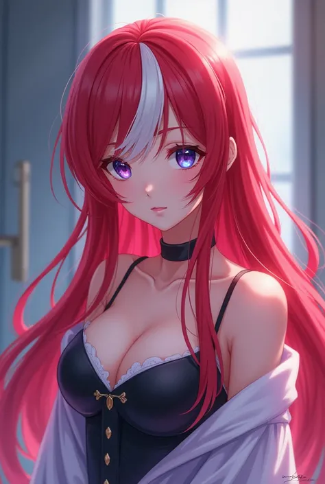 Long red hair with a long white lock , One eye is blue and the other eye is purple., beautiful medium bust. anime