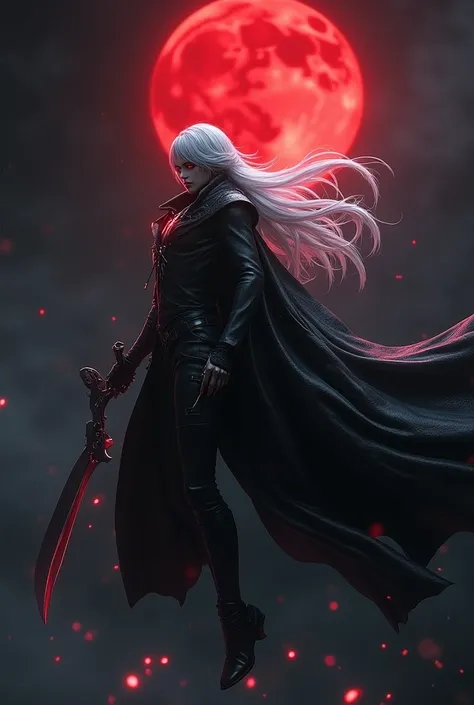 The devil can cry (series), long black cape, ((A red moon floats in total darkness.)),(flying in the air),by white, long sword in right hand and pistol at waist、(red pupils)、well muscled、1 one、medium hair、Highly detailed 8k unified CG wallpaper, very preci...