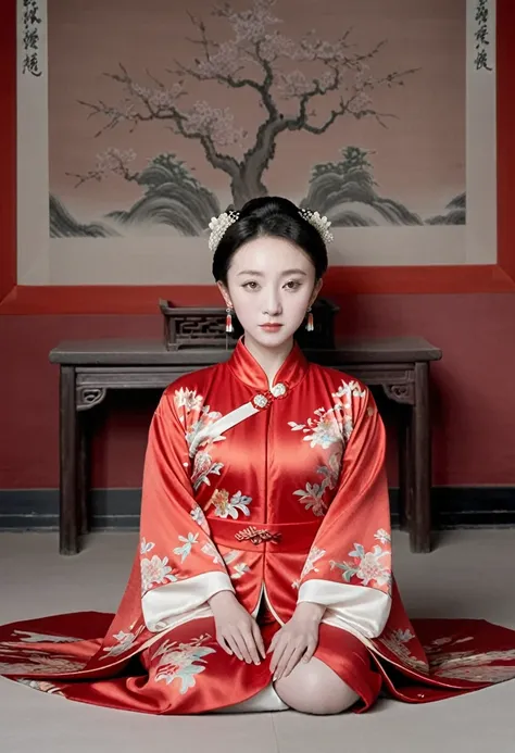 empress of the qing dynasty, a nude woman wearing a red floral hanfu jacket, squat down with your legs wide apart, front view, i...