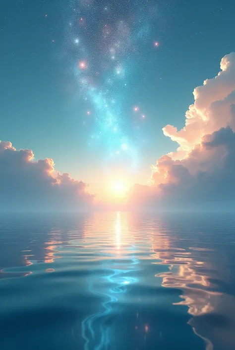 Beautiful and quiet sea, The sparkling stardust melts away, A seamless fusion of sea and space, Hazy clouds,Holographic Mirror Reflection, Transparent and fantastic rainbow-colored coating, Multiple Exposure