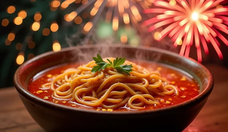 "A mouthwatering image of a steaming bowl of Spicy Sichuan Noodles with a rich and flavorful broth. The image could be enhanced with a touch of gold glitter or a festive background of fireworks."