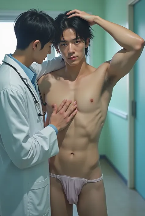 1boy、Handsome Men、Japanese male, 、Completely naked、Full nudity、erection、Huge penis、Highest quality、Realistic、beautiful、Sad look、Being examined at a hospital、A doctor in a white coat next to me、Arms above head、Photo Quality