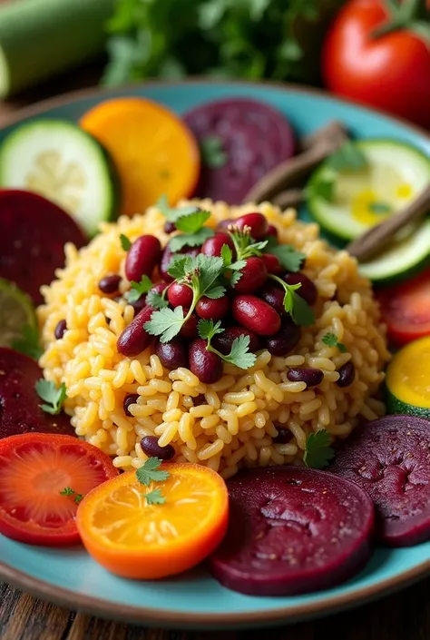 Rice and bean dish, cassava, beetroot and zucchini