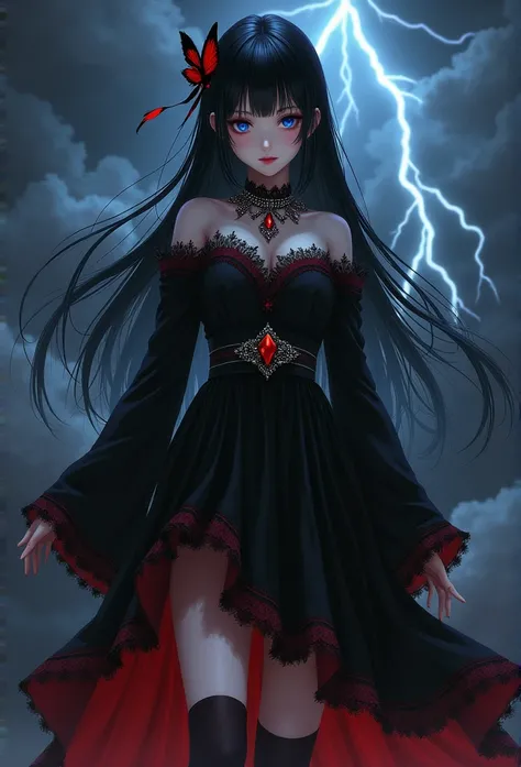 expressionless, realistic photo, (dark fantasy), (Awesome concept art), (Detail Splash), long black hair, blue eyes, girl, pure black dress, Color only, The sleeve ends and skirt part are dark red.., A sparkling diamond belt around the waist, There is a re...