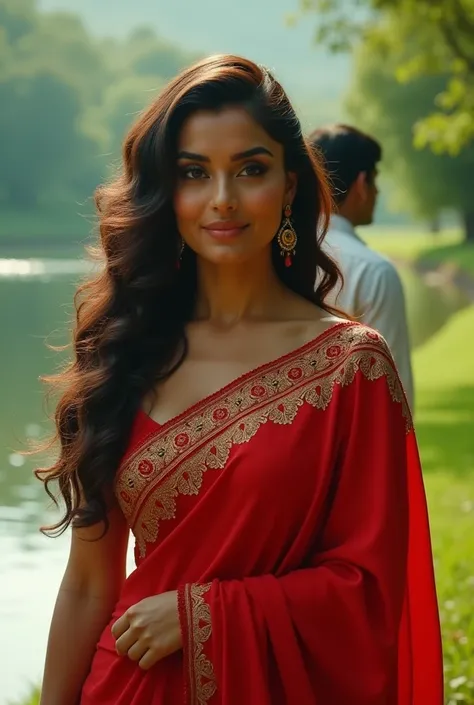 beautiful Mouni roy 
wearing Indian full red saree long curly hair, soft lighting close to the water Lake green valley with a man 