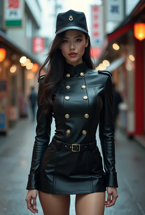 , A young and very beautiful woman in a black sexy tight military uniform. Leather skirt、Very detailed顔の特徴, Thick lips, Beautiful Eyes, Perfect Skin, Ideal body type, military cap, horse riding mamachari:1.7,smile, A typical Japanese shopping street, Reali...