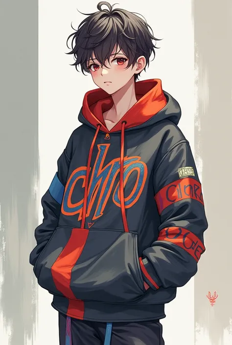 boy anime wearing aesthetic clothes with text "Chro" in his clothes